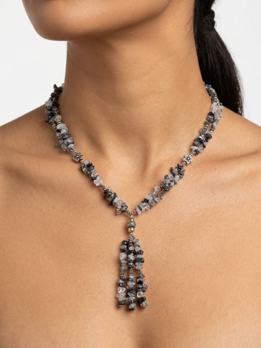 Gray and Silver Beaded Tassel Necklace Genuine Quartz